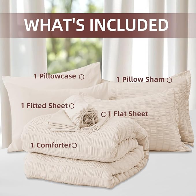 FUANNA Twin Comforter Set 5 Pieces, Luxury Seersucker Twin Bed Set for All Seasons, Soft Twin Bed in a Bag with Comforter, Flat Sheet, Fitted Sheet, Pillowcase & Sham for Bedroom, Beige
