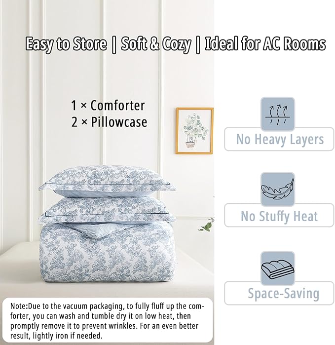 Vintage Cotton Comforter Queen Size 3Pcs - Elegant Pale Slate Blue Floral Pattern on White with Light Blue & White Striped Reverse, Luxurious Lightweight Bedding Sets with Soft Fill(90"×90")