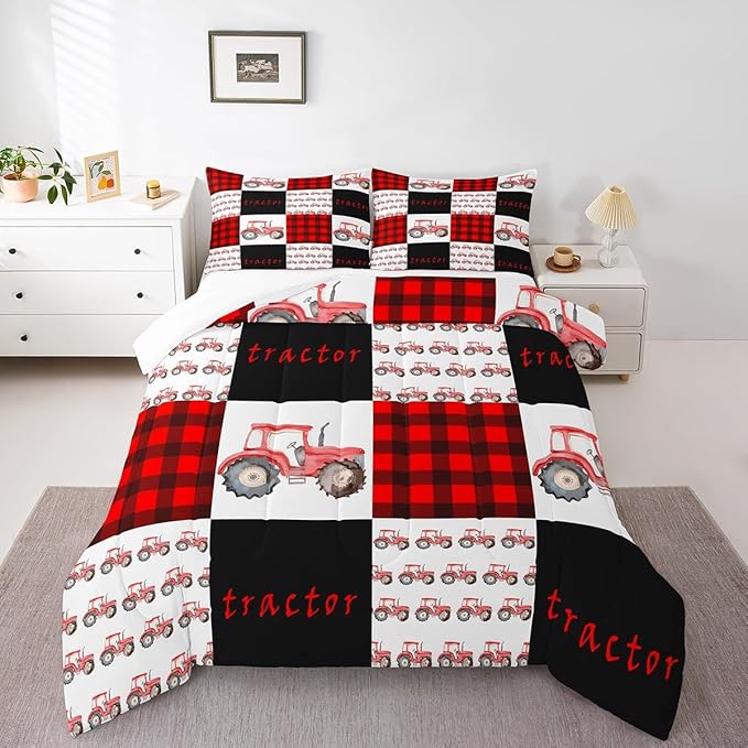 Erosebridal Tractor Bedding Set Red Tractor Comforter for Boys Kids Girls Teens Equipment Truck Comforter Set King Buffalo Plaid Down Comforter Farmhouse Harvester Grid Quilt Set, Black