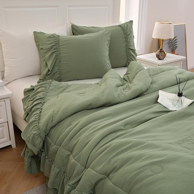 Bedding_Dreamer Sage Green Queen Size Comforter Set, 3-Piece Shabby Chic Ruffle Bedding, Soft Microfiber Boho Farmhouse Comforter for All Seasons