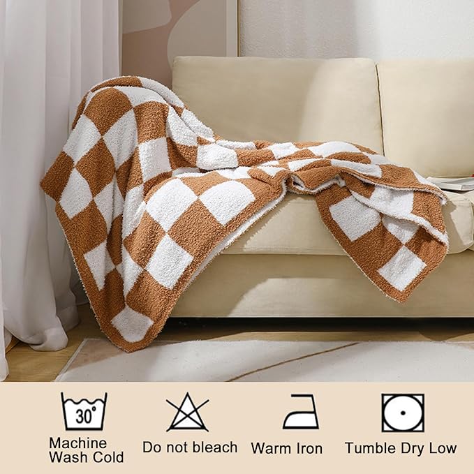MorroMorn Checkered Blanket for Couch Bed Sofa Chair, 2-Layers Soft Cozy Fleece Plaid Blankets Checkerboard Grid - Fluffy Fuzzy Plush Warm Fall Decor Mothers (Camel, Twin 60"x80")