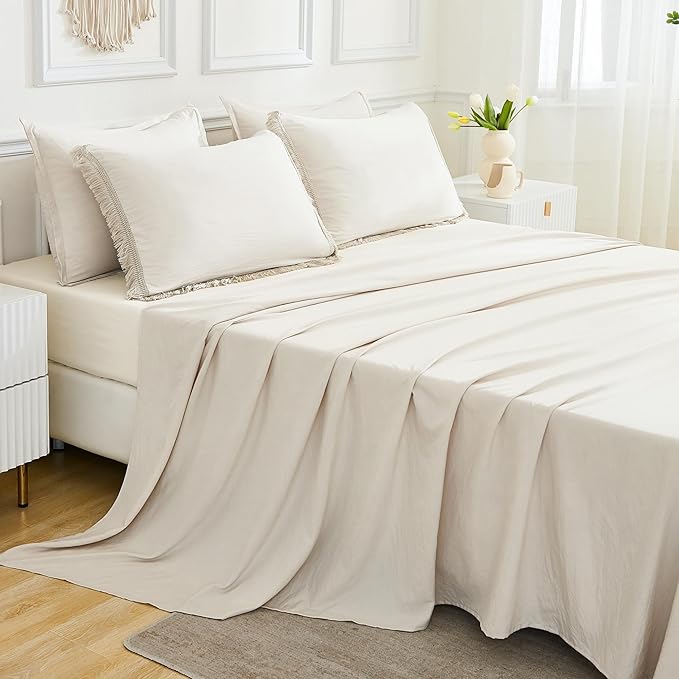 Andency Beige Comforter Set Full Size with Sheets -7 Pieces Boho Tassel Bed in a Bag Soft Lightweight Bedding Sets, All Season Fringe Bed Set with Comforter, Sheets, Pillowcases & Shams
