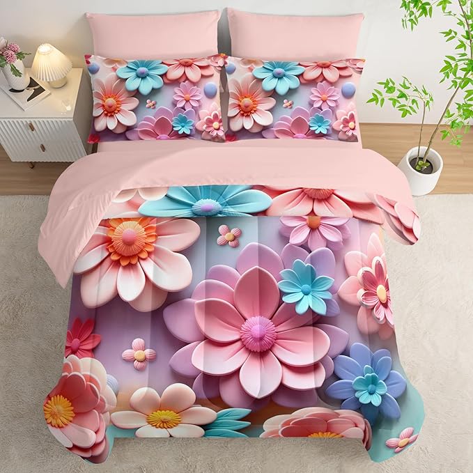 Pink Floral Comforter Set Queen Size Bed 7 Piece,Quilt Queen Size Bedding Set 7 Piece Farmhouse Blue Floral,(1 Comforter, 1 Flat Sheet, 1 Fitted Sheet, 2 Pillowcase and 2 Pillow Sham)