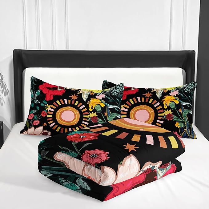 3 Pieces Black Boho Floral Comforter Set,Paisley Bedding Set Twin Size,Colorful Flower Leaves Printed on Black Design,All Season Lightweight Soft Microfiber Bedding with 2 Pillow Shams