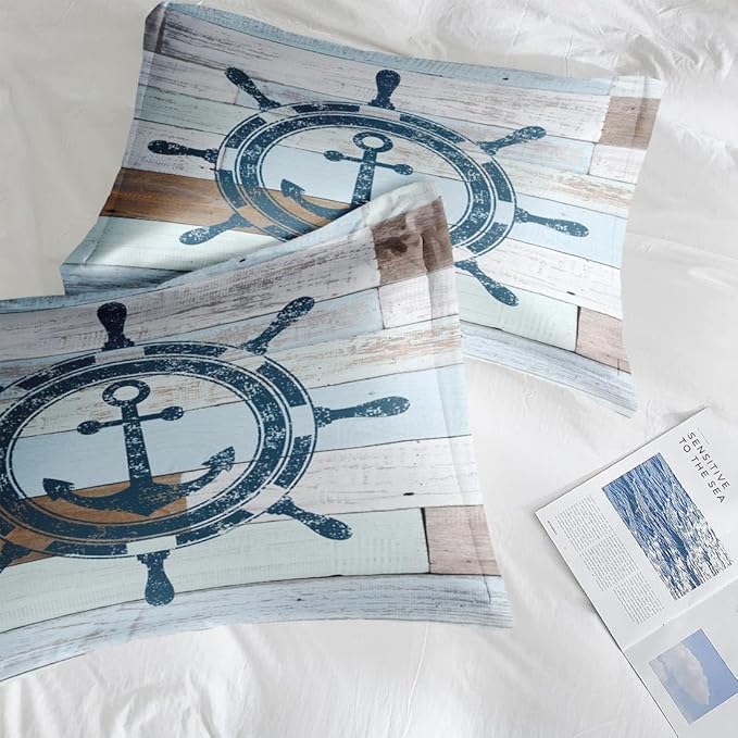 Comforter Set Twin Size, Vintage Wheel Anchor 2 Pcs Soft Bedding Set for Kids and Adults, Retro Blue Sea Woodboard Comforter Set with Pillowcase, for Bedroom Bed Decor