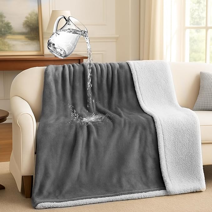 Makigued Waterproof Dog Blanket for Couch & Bed, Reversible Sherpa Fleece Pet Throw with Quiet TPU Barrier, Machine Washable Furniture Protector for Large Dogs & Cats, Throw Size 50x60 Inch, Gray