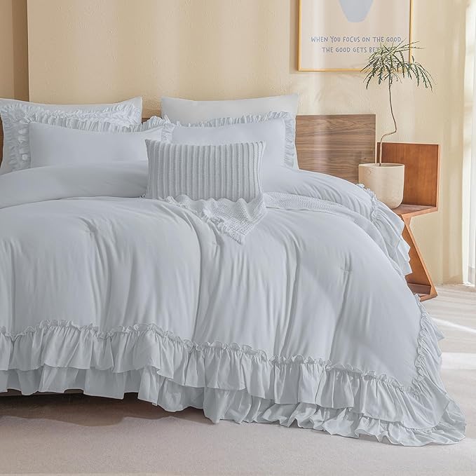 Masaca Twin Comforter with Ruffles,Shabby Boho Chic Ruffled Comforter Set Farmhouse Rustic Twin Bedding Sets 3-Piece(1 Light Blue Comforter and 2 Pillowcases)