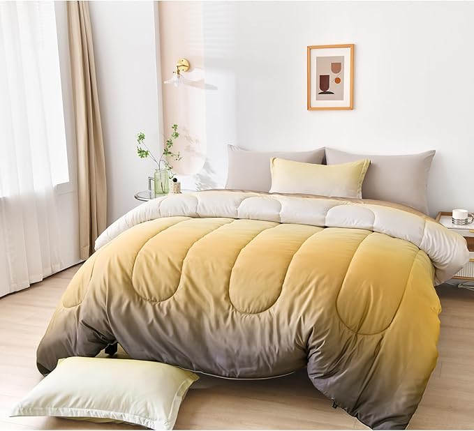 Anibedding Gradient Yellow Comforter Set King Size 7 Pieces Ombre Yellow and Grey Bed in a Bag Complete Bedding Set - Breathable Solid Grey Bed Sets w/Flat/Fitted Sheet, 2 Pillowcases, 2 Pillow Shams
