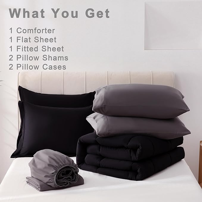 DOWNCOOL Full Size Comforter Sets, 7Pcs Full Size Bedding Sets Black/Grey, All Season Down Alternative Bedding Comforter Sets with Comforter, Flat Sheet, Fitted Sheet, 2 Pillow Shams & 2 Pillowcases
