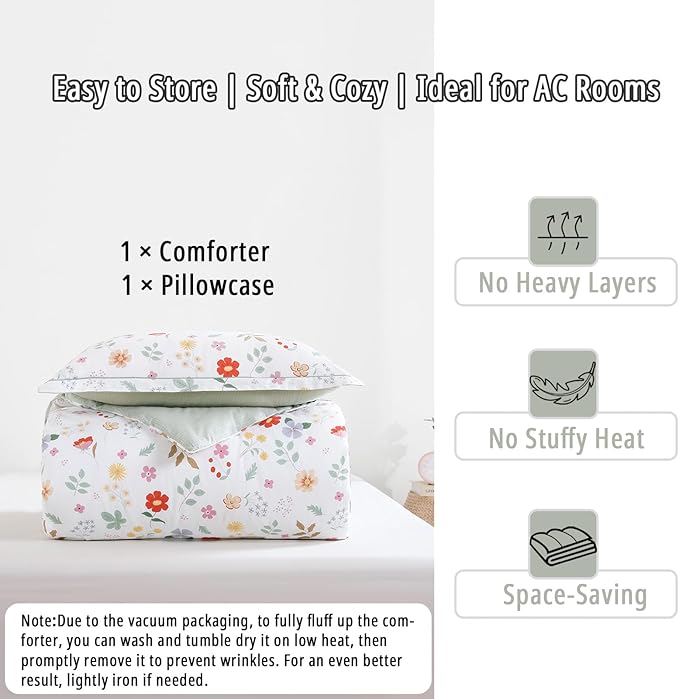 Botanical Cotton Comforter Twin Size 2Pcs - Colorful Flowers, Berries and Leaves on White, Chevron Sage Green Back, Lightweight Bedding Sets with Soft Fill(1 Comfoter, 1 Pillowcase)