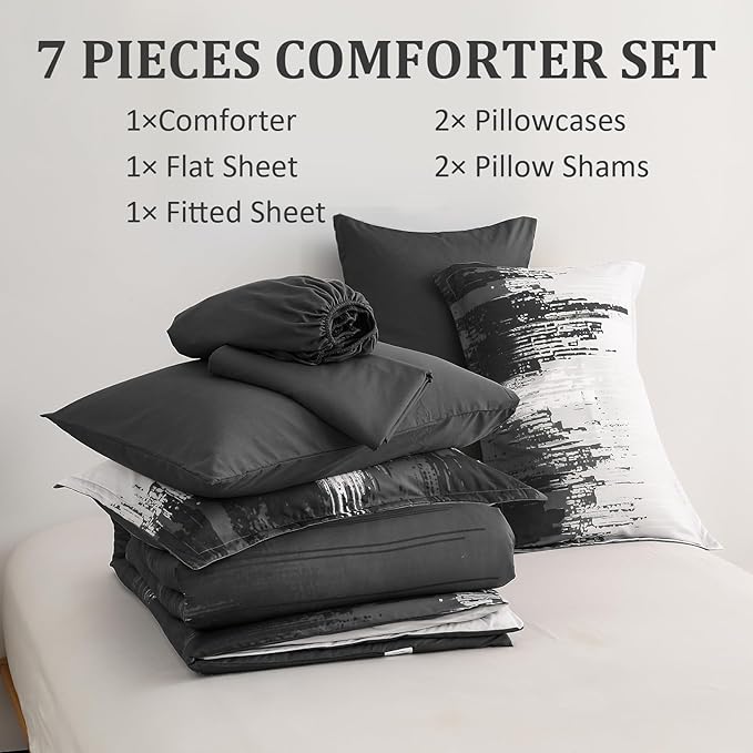 WONGS BEDDING Comforter Set King, Black Grey 7 Pieces Bed in a Bag Colorful Abstract Art Gradient Comforter Soft Microfiber Bedding Set with Comforter,Flat Sheet,Fitted Sheet,Pillow Shams,Pillowcases