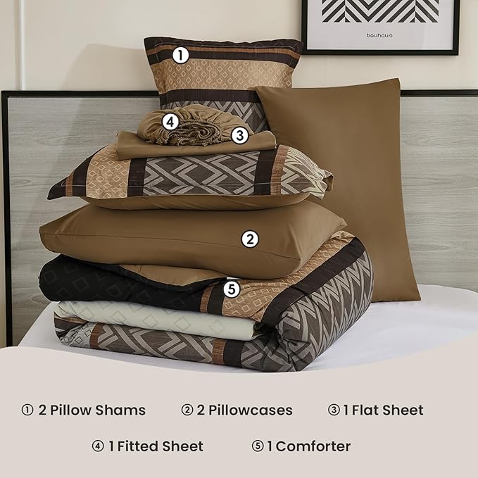 Cottolester Brown Comforter Set Full Size,Boho Striped Bed in a Bag,Plaid Comforter and Sheet Set, Soft Microfiber Complete Bedding Sets