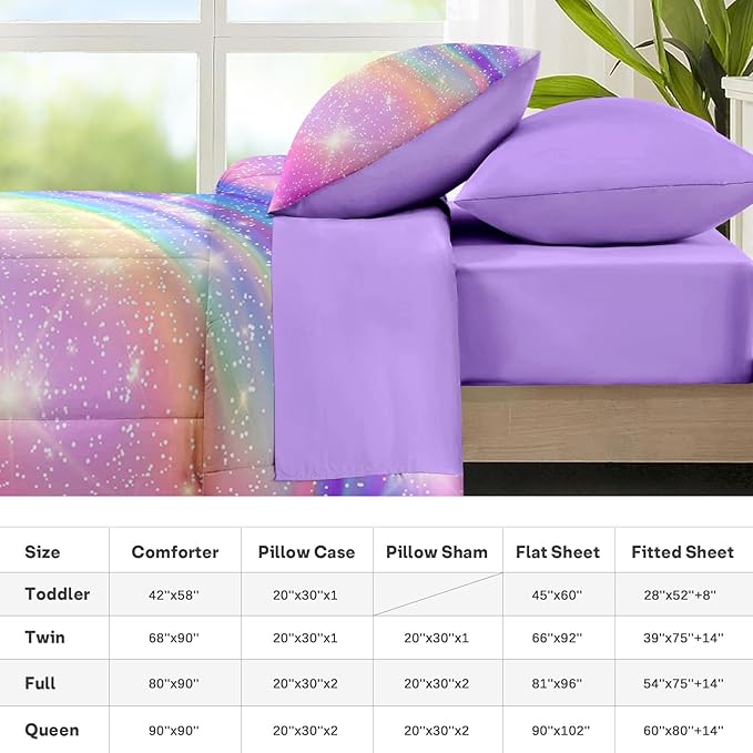 Nesker 5 Pcs Comforter Set Twin Size, Pink Gradient Star Colorful Glitter Bedding Set for Kids and Adults, Rainbow Star Galaxy Girls Bed Sheet Sets with Fitted Sheet Pillowcases & Shams