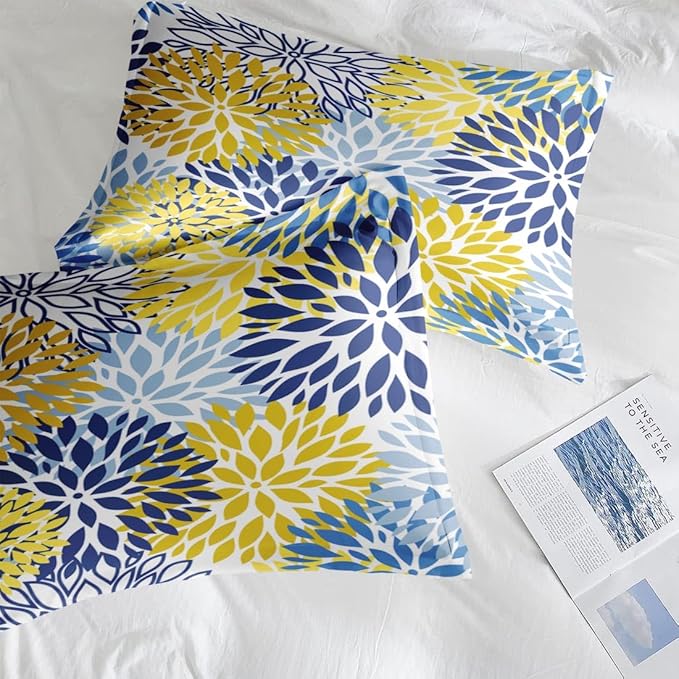 Comforter Set Full Size, Floral Navy Blue Summer Soft 3 Pcs Bedding for Kids and Adults, Yellow Flower Comforter Set with 2 Pillowcases, for Bedroom Bed Decor