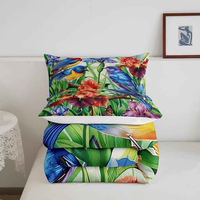 Erosebridal Floral Hummingbird Comforter Set King,Rustic Farmhouse Flowers Bedding Set Retro Watercolor Colorful Irises Bed Comforter Set for Kids Adults,Country Garden Style Quilt Duvet