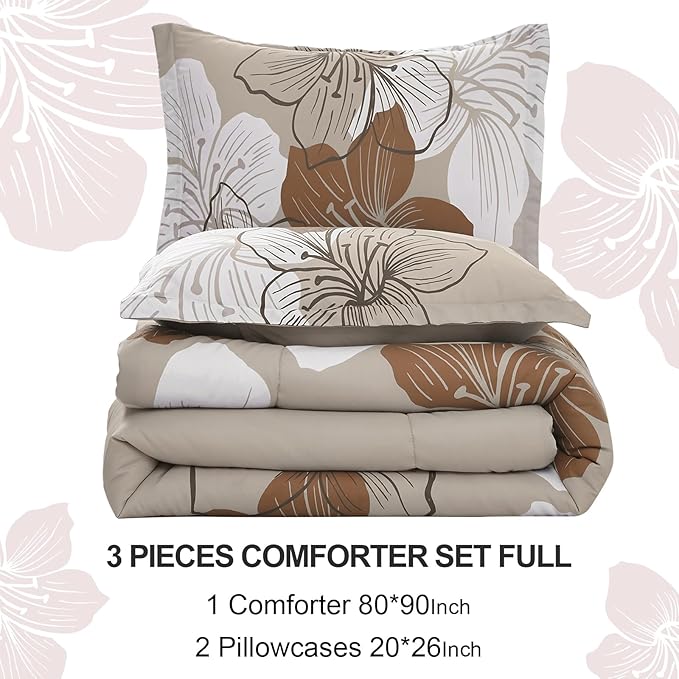 Menghomeus Brown Comforter Set Full Taupe Floral Comforter Botanical Bedding Sets, Soft Bed Comforter Set for All Season (1 Comforter, 2 Pillowcases)