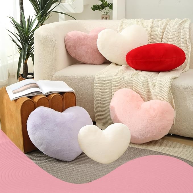 2 Pcs Heart Pillows Red White Love Heart Shaped Throw Pillows Valentines Wedding Anniversary Faux Rabbit Fluffy Decorative Cushions for Livingroom Bed Sofa Car Couch Home Decor Aesthetic