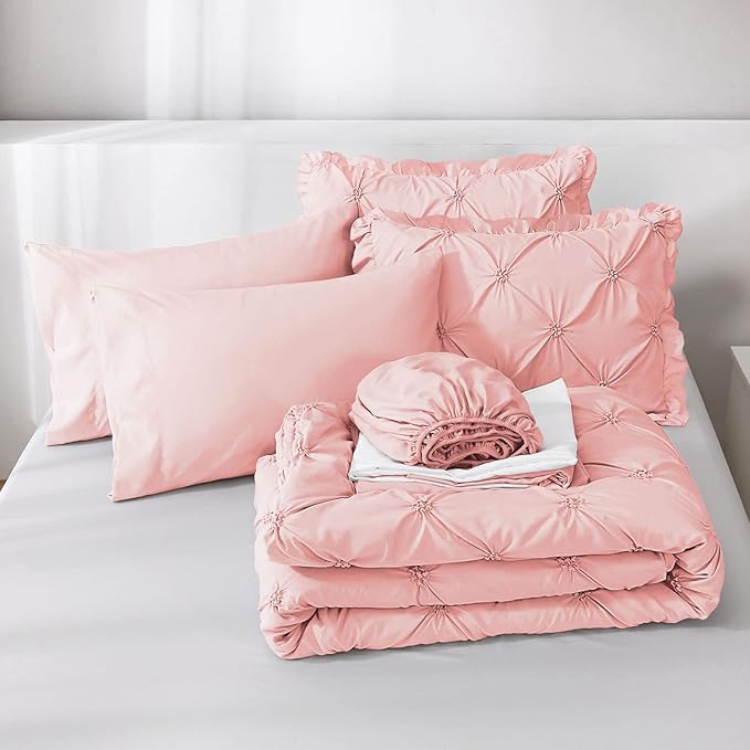 JOLLYVOGUE Pink Cal King Size Comforter Sets 7 Pieces,Pintuck Bed in a Bag Comforter Set for Bedroom, Bedding Comforter Sets with Comforter, Sheets,Ruffled Shams & Pillowcases