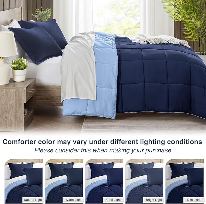 satisomnia King Size Comforter Set, Navy Blue Bedding Comforters King Size, 3 Pieces Down Alternative Bed Comforter Lightweight, Soft Quilted Bed Set Breathable, Reversible All Season Bedding Sets