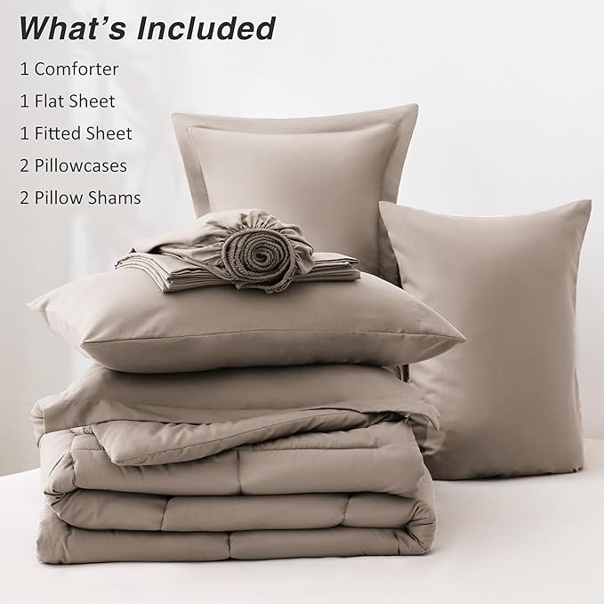 Love's cabin King Size Comforter Set Light Brown, 7 Pieces King Bed in a Bag, All Season Bedding Sets with 1 Comforter, 1 Flat Sheet, 1 Fitted Sheet, 2 Pillowcase and 2 Pillow Sham