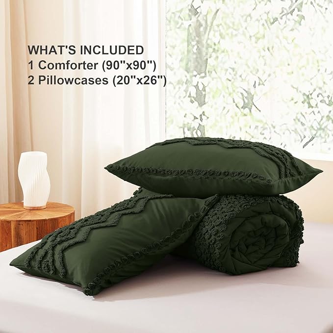 Luxudecor Olive Green Boho Tufted Comforter Set Queen Size 3 Pieces Boho Shabby Chic Comforter Farmhouse Embroidery Bedding Set Soft Comforter for All Seasons (Olive Green, 90''x90'')