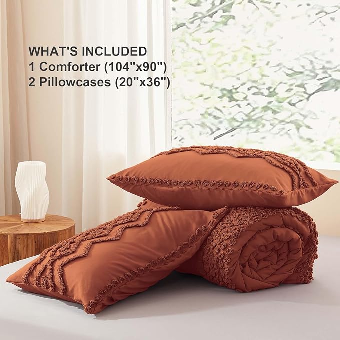 Luxudecor Terracotta Boho Tufted Comforter Set King Size 3 Pieces Boho Shabby Chic Comforter Farmhouse Embroidery Bedding Set Soft Comforter for All Seasons (Terracotta, 104''x90'')
