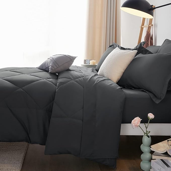 CozyLux King Size Comforter Set Dark Grey - 7 Pieces Bed in a Bag King, Luxury Soft Bed Set for All Seasons, Bedding Set with Down Alternative Comforter, Sheets, Pillowcases & Shams