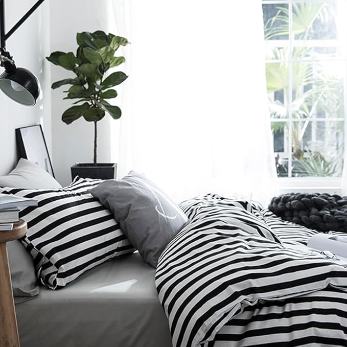 CLOTHKNOW Striped Comforter Sets Full Black White Bedding Comforter Sets Farmhouse Comforter Ticking Boho Comforter with 2 x Pillow Cases