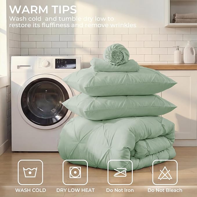 Sasttie Twin Comforter Set, 5-Piece Bed in a Bag, Pintuck Bedding Set for All Season, Includes Comforter, Flat Sheet, Fitted Sheet, Pillowcase and Pillowsham, Sage