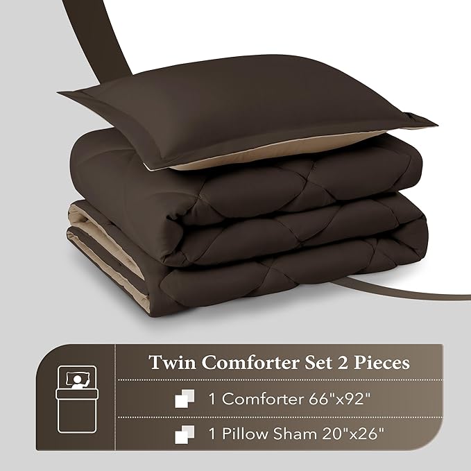 downluxe Twin Comforter Set - Brown and Tan Twin Comforter, Soft Bedding Sets for All Seasons -2 Pieces - 1 Comforter (66"x92") and 1 Pillow Sham(20"x26")