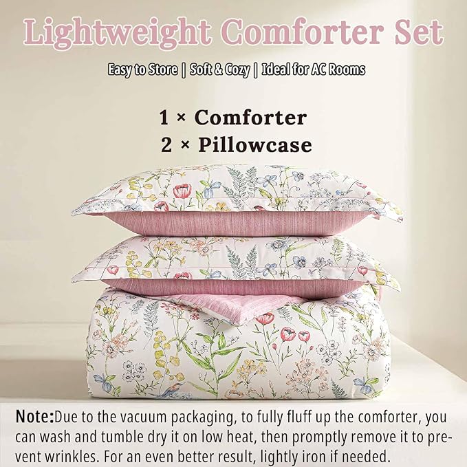 White Floral Cotton Comforter Queen Size - 3PC Lightweight Bedding Sets with Soft Fill, Vibrant Garden Botanical Patterns, Petal Pink Reversible Design with Feminine Elegance