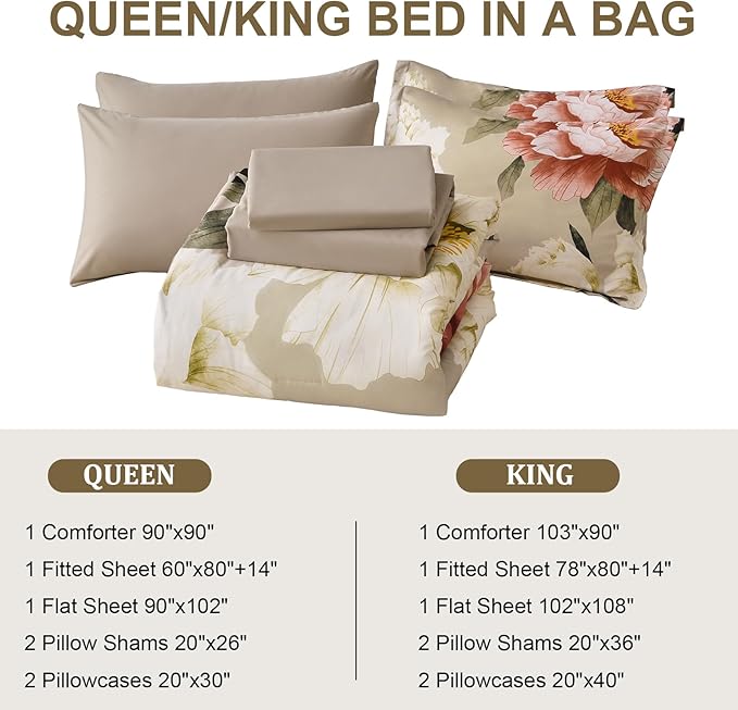 Dobuyly Queen Comforter Set 7 Piece Bed in a Bag, Pink Floral Printed on Khaki Comforter Set with Sheets, Soft Microfiber Botanical Farmhouse Bedding Set for All Season