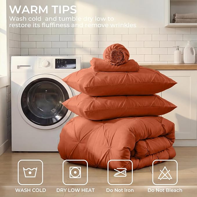 Sasttie Twin Comforter Set, 5-Piece Bed in a Bag, Pintuck Bedding Sets for All Season, Includes Comforter, Flat Sheet, Fitted Sheet, Pillowcase and Pillowsham, Burnt Orange