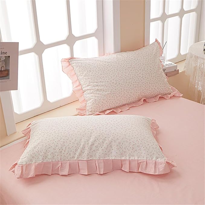 MKXI Twin XL Small Floral Ruffle Comforter Set - 3 Piece Countryside Floral Comforter with Pillow Shams, Reversible White Pink Princess Bedroom Collection, Soft Aesthetic Bedding Set for Teen Girls