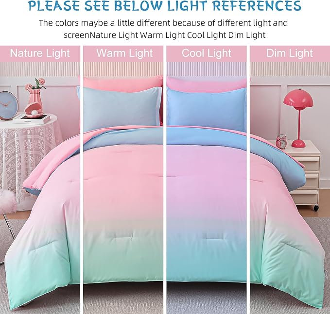 Drucon Comforter Set Queen Size for Teen Girl & Women,7 Pieces Bed in A Bag Gradient Pink Green Bedding Set (1 Comforter, 1 Flat Sheet, 1 Fitted Sheet, 2 Pillow Shams, 2 Pillowcases)