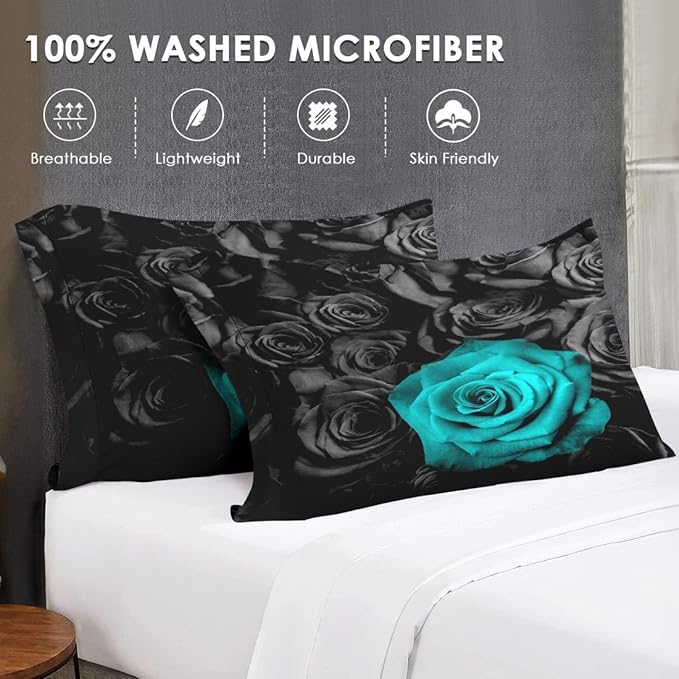 Queen Size Comforter Set with 2 Pillowcases, Cyan Rose Flower 3 Pcs Bedding for Kids and Adults, Summer Vintage Floral Soft Comforter Set for Bedroom Bed Decor