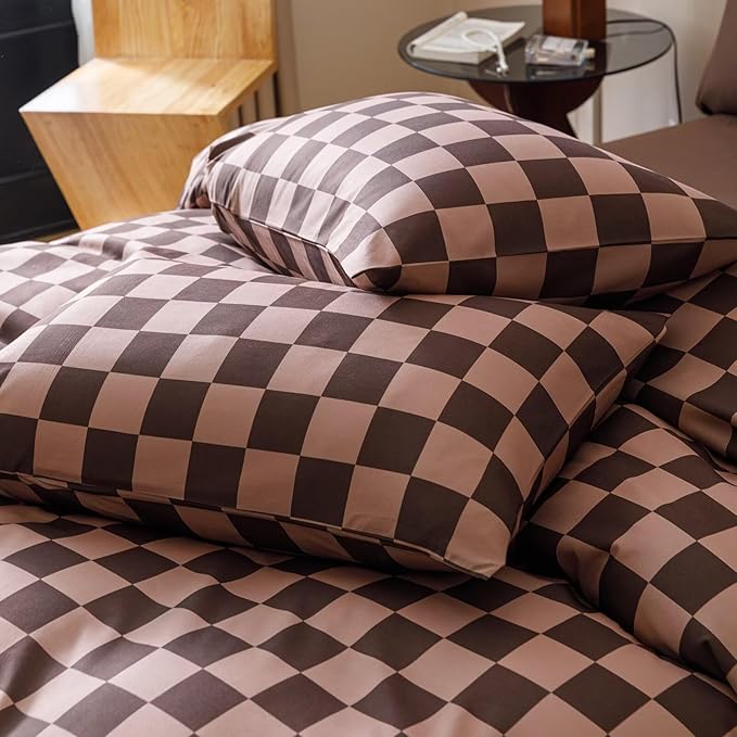 Houseri Brown Plaid Comforter Set California King Chocolate Coffee Color Chessboard Bedding Sets Mocha Buffalo Checkered Bed Quilt Blanket Cal King Size