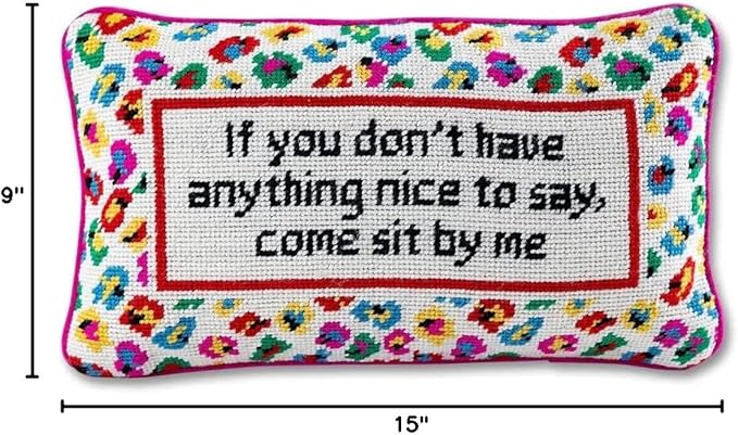 FURBISH Needlepoint Decorative Throw Pillow - Come Sit by Me - 9" x 15" - Small Embroidered Accent Pillow for Bed, Chair, Couch, Sofa - Eclectic Home Decor