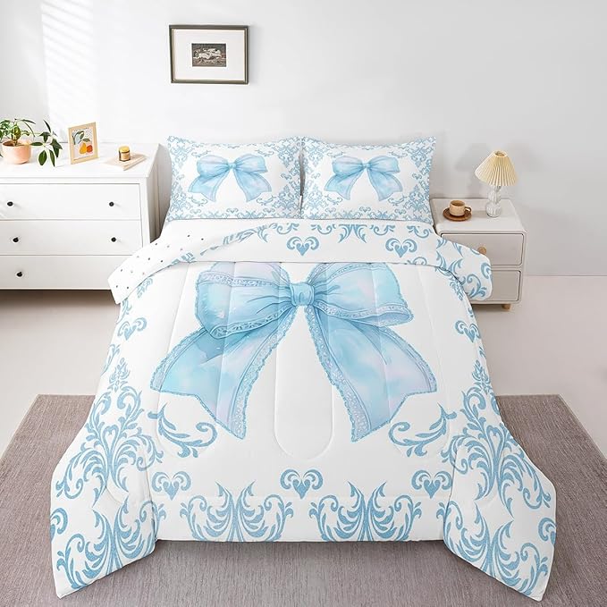 jejeloiu Girls Pretty Ribbon Blue Bow Bedding Set Full Size Blue Damask Comforter Set for Kids Women Cute Bow Duvet Set Princess Quilt Set 3Pcs