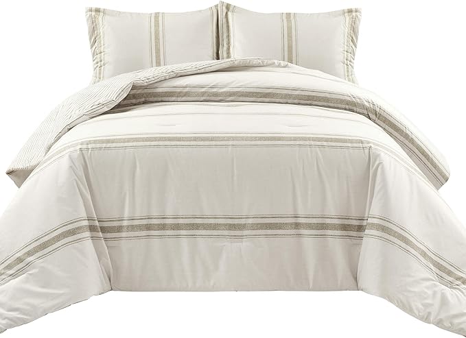Lush Decor Farmhouse Stripe Reversible Cotton Comforter Set, 3 Piece Set, Full/ Queen, Neutral - Cozy Farmhouse Bedding Set - Rustic Decor - Striped Comforter - Modern Farmhouse Bedroom Decor