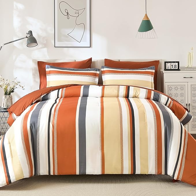 WONGS BEDDING King Size Comforter Set, 7 Pieces Bed in a Bag Orange Bed Set, Soft Boho Striped Bedding Sets with Sheets, Pillowcases & Shams
