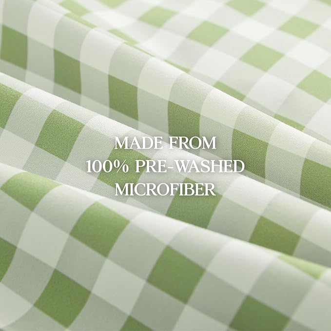 Andency Sage Gingham Ruffle Comforter Twin(66x90Inch), 2 Pieces(1 Ruffled Comforter and 1 Pillowcase) Solid Farmhouse Shabby Chic Bed, Vintage Rustic Soft Microfiber Bedding Set