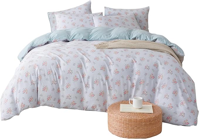 Queen Size Comforter Floral 3 Pieces Soft Cute Floral Bedding Lightweight Blue Garden Style Floral Botanical Comforter for All Seasons and 2 Pillowcases