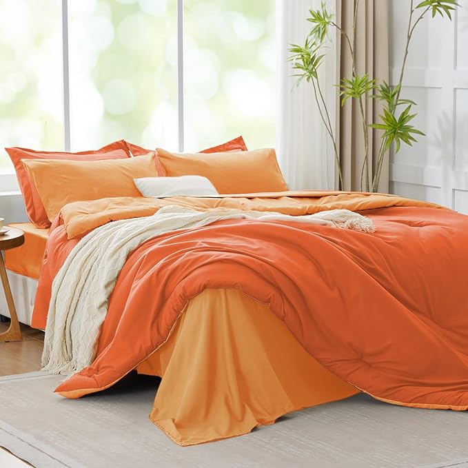 King Size Comforter Set Burnt Orange, Reversible Bedding Set, 7 Pieces Soft Bed in a Bag with Comforter, Sheets, Pillowcases & Shams, All Season Boho Bed Set