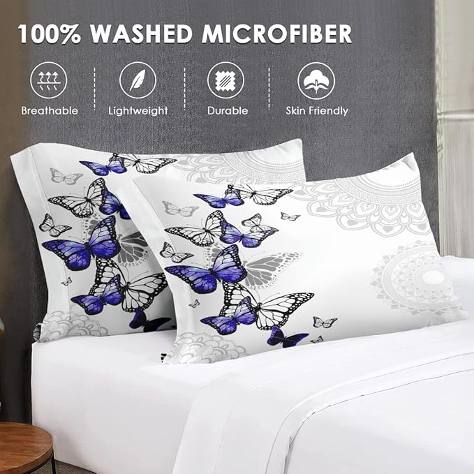 King Size Comforter Set with 2 Pillowcases, Summer Spring Purple Butterfly 3 Pcs Bedding for Kids and Adults, Abstract Circular Mandala Floral Soft Comforter Set for Bedroom Bed Decor