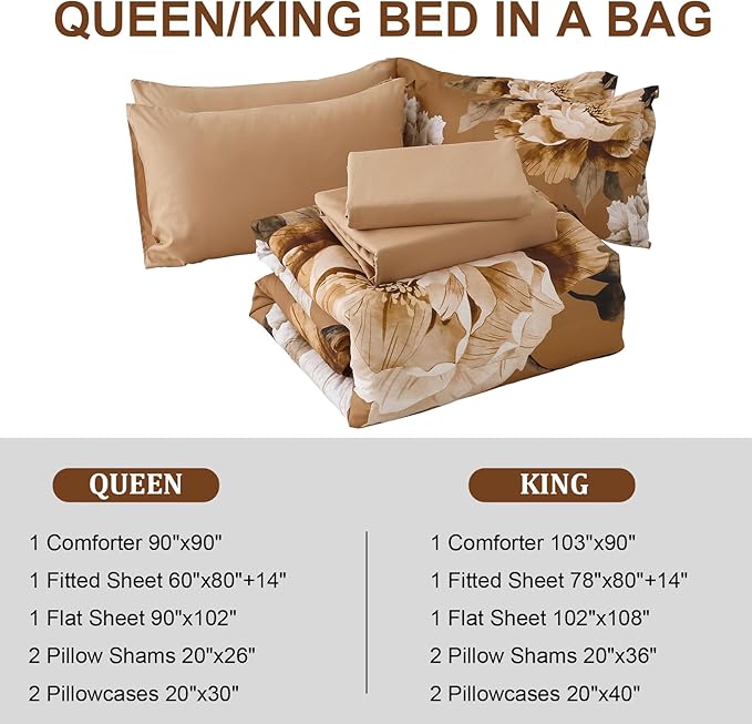 Dobuyly Brown King Size Comforter Set 7 Piece Bed in a Bag, Floral Printed on Brown Comforter Set with Sheets, Soft Microfiber Botanical Fall Complete Bedding Set for All Season