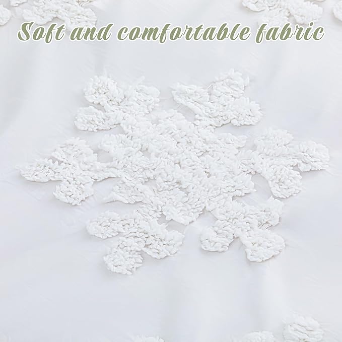 Frienda 3 Pcs Winter Snowflake King Comforter Cover Set Includes 1 Duvet Cover and 2 Pillow Shams Boho Tufted White Snowflake Bedding Set for Winter Gift