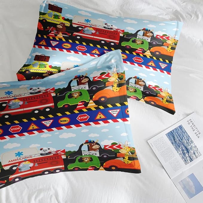 Vintage Car Lion Comforter Set for Kids Toddlers Teens Adults Queen, City Tractor Fire Bedding Sets Water Washed Microfiber Bedding with 1 Comforter 2 Pillowcase All Season