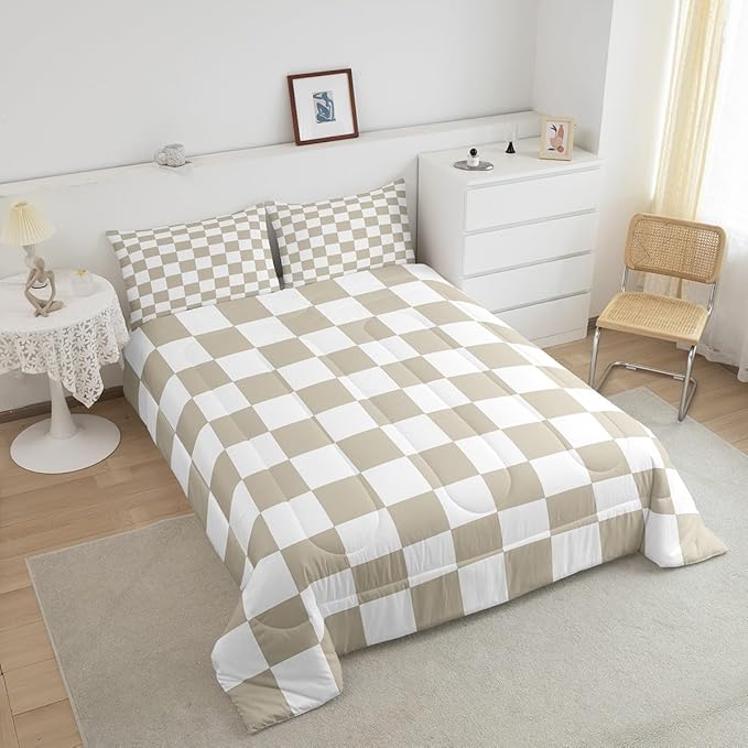 Feelyou Checkered Bedding Set Teen Women Men Beige Plaid Comforter Set Toddler Size Kids Boys Girls Cute Retro Neutral Checkerboard Geometric Duvet Insert Vintage Aesthetic Room Decor