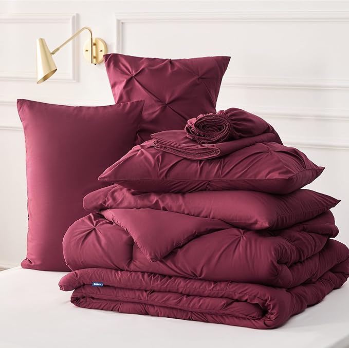 Bedsure Twin Comforter Set Burgundy - Bed in a Bag Twin Size Bedding 5 Pieces, GentleSoft™ Pintuck Bed Set Gift for Family, Pinch Pleat Burgundy Comforter with Sheets, Pillowcase & Sham